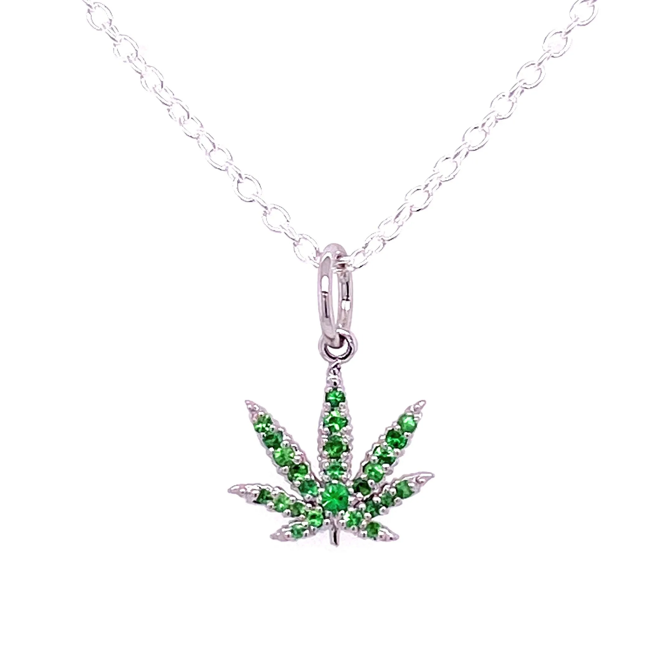 Sterling Silver Sativa Leaf Pendant with Green Garnet Gemstones